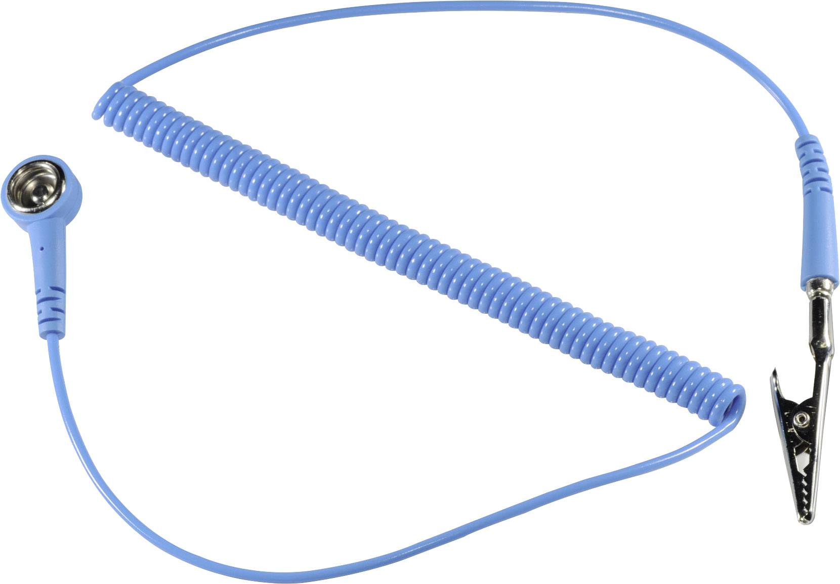 A blue spiral cable with a clamp at one end and a round connector at the other end, commonly used for medical applications.