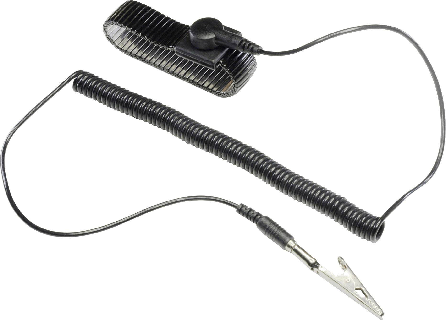 A black coiled cable with an alligator clip at one end and a rectangular plastic sensor at the other end.