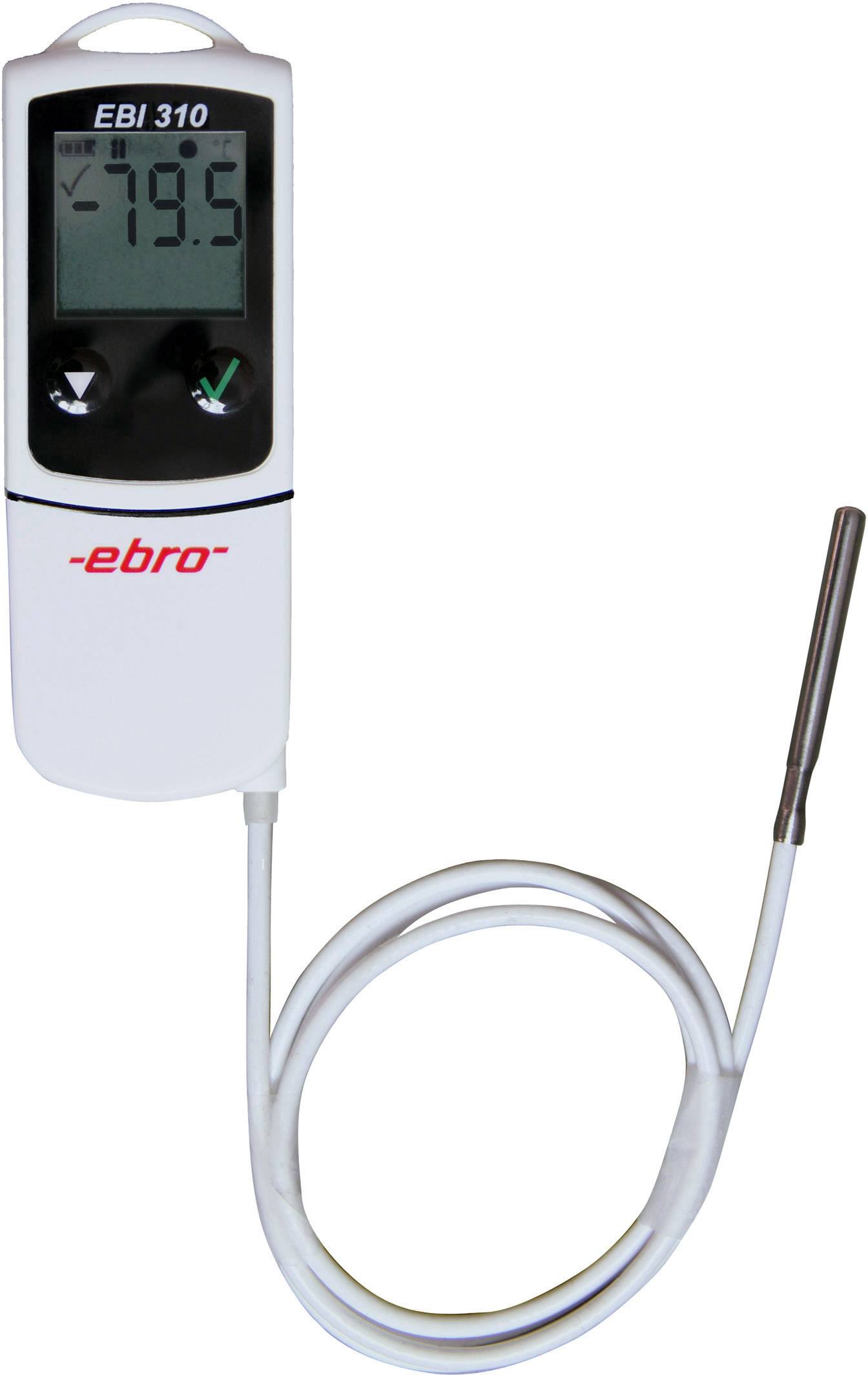 Digital thermometer with display showing -79.5 degrees, Model EBI 310. White casing with cable probe. 'Ebro' brand on the front.