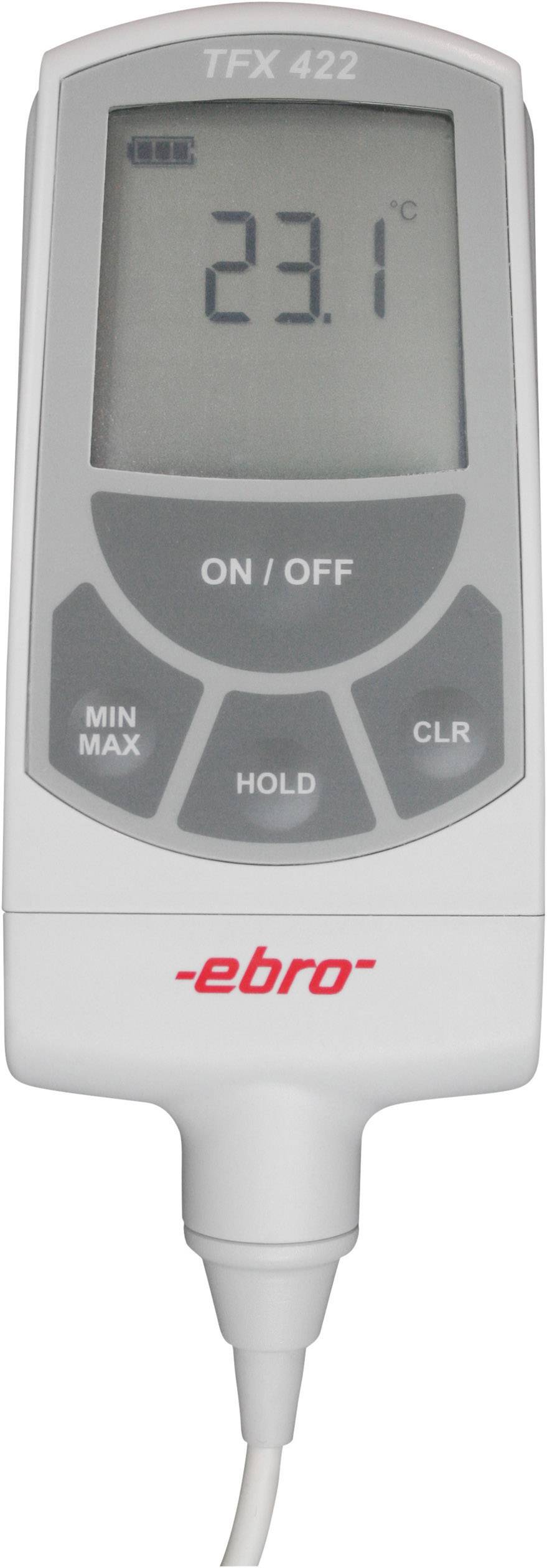 Digital thermometer with display showing 23.1°C. Buttons: 'ON/OFF', 'MIN MAX', 'HOLD', 'CLR'. Brand: ebro. Model: TFX 422.