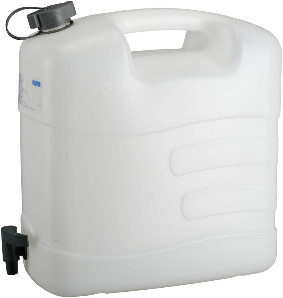 A white plastic jerry can with a carrying handle at the top and a tap at the bottom. Capacity of 20 litres.