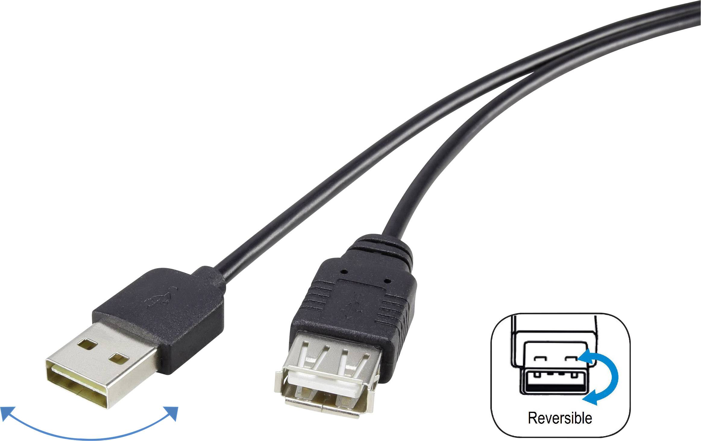 USB cable with reversible plugs that can be inserted in either direction.
