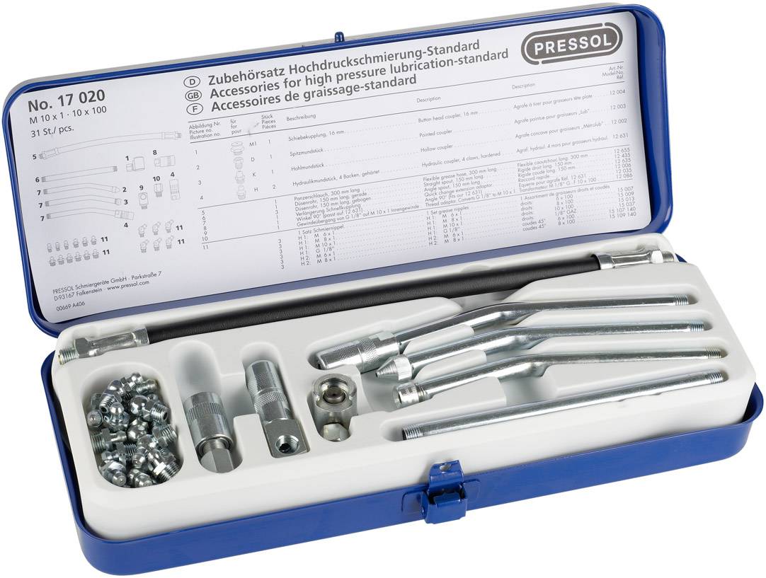 An open blue box with a high-pressure lubrication accessory set. Various metal parts and nozzles are neatly arranged.