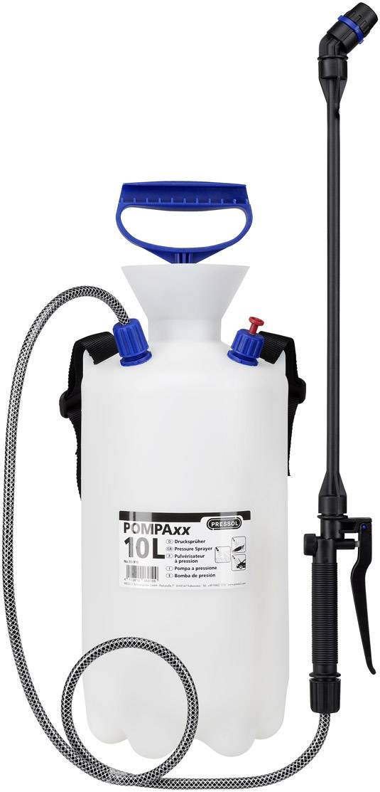 White 10-litre pressure sprayer with blue top, black nozzle and long hose for gardening tasks. Brand name is visible.
