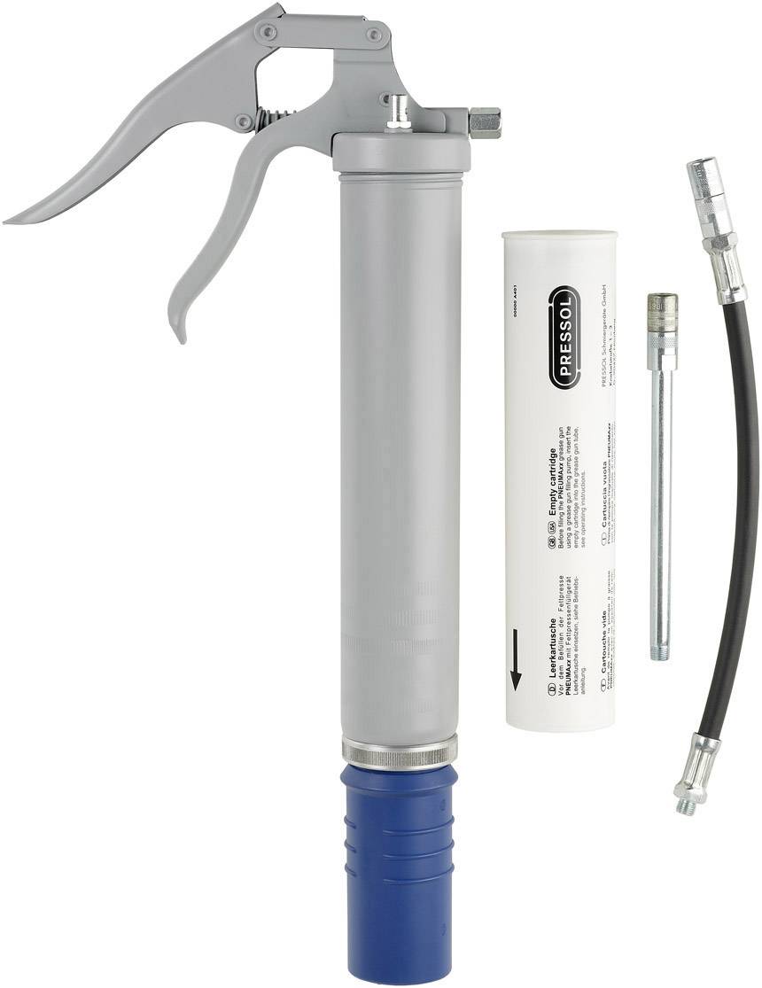 A hand-operated grease gun with a long handle and attached container, alongside a grease cartridge and two hoses of different lengths.