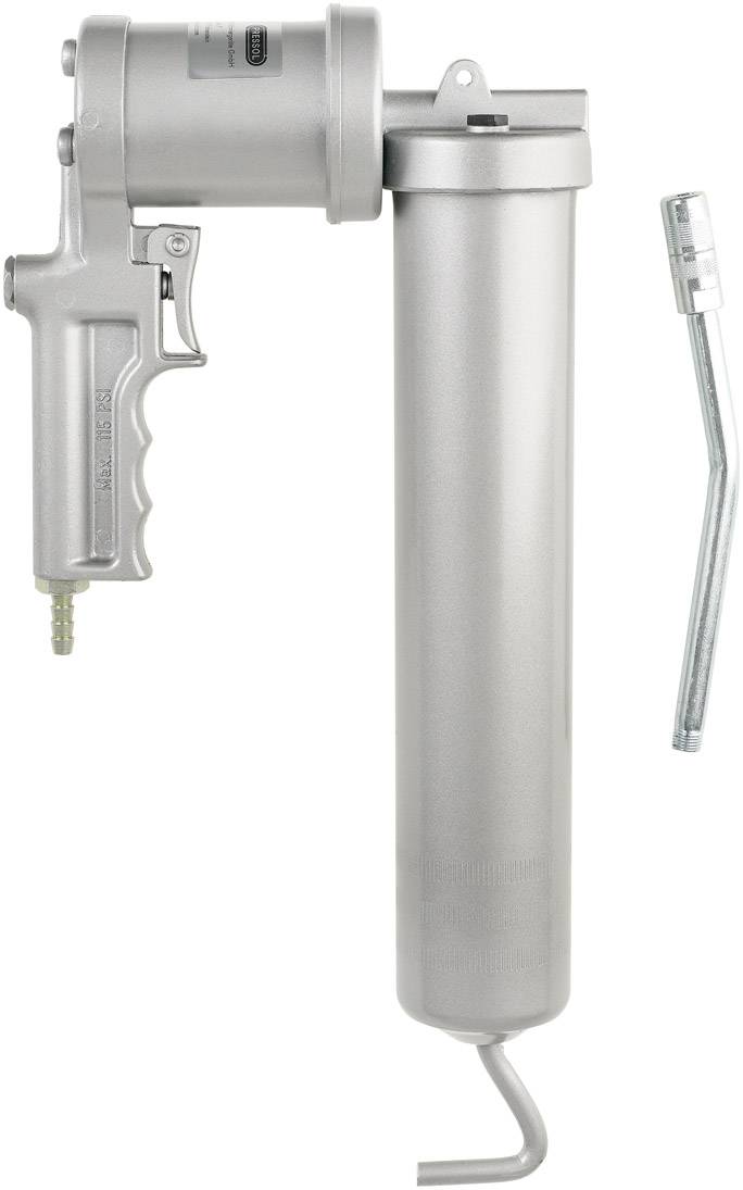 Manual grease gun with long cylinder and detachable hand lever, for lubricating machinery. Ideal for workshop use.