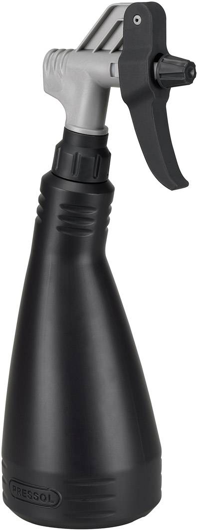 A black plastic spray bottle with a grey spray nozzle, suitable for gardening or cleaning purposes.