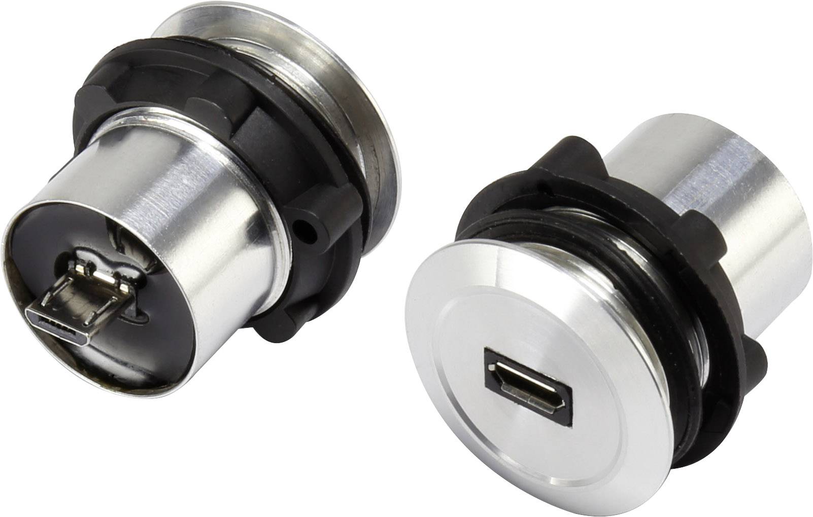 Two silver USB ports with black edges, lying side by side. One port shows the USB plug, the other the front side.