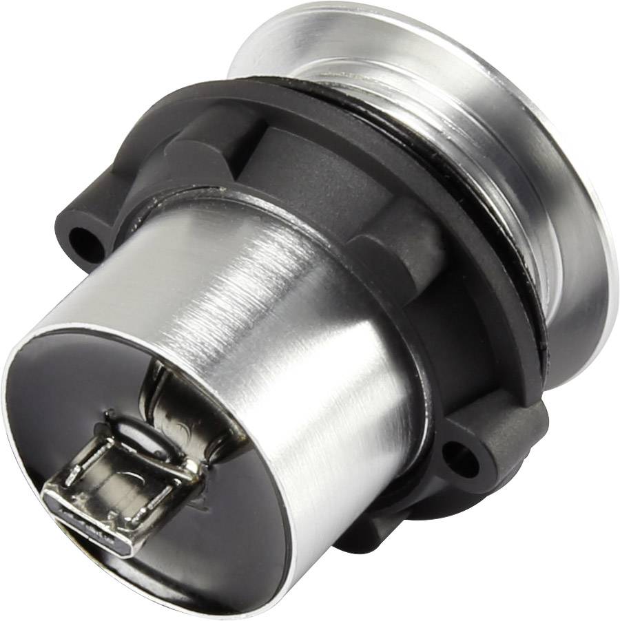 A cylindrical metal plug with a black plastic casing, typically used for electrical connections.