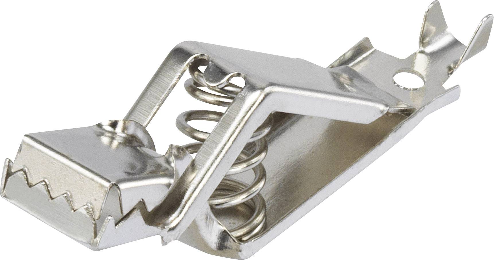 A silver metal clip with a spring. It has serrated edges and is open. Possibly used for paper or light objects.