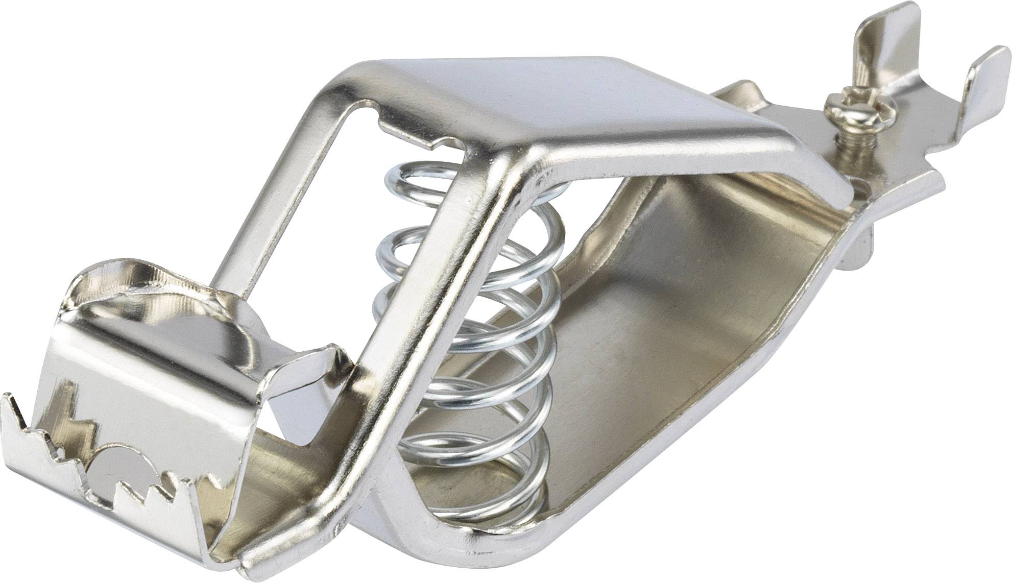 Metal spring-loaded mousetrap with a powerful spring and sharp teeth, ready for placement.