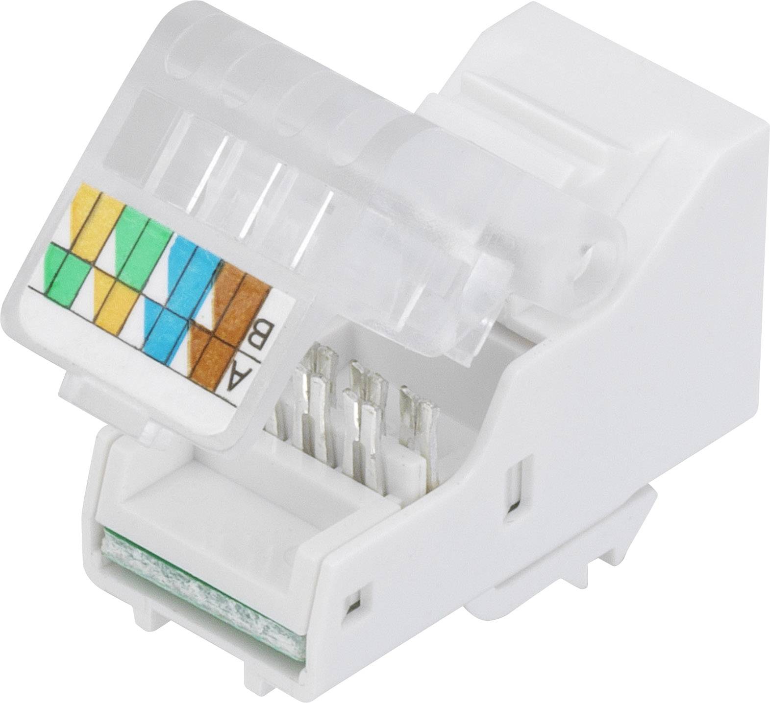 A white network plug with colour-coded cable connectors for easy wiring and installation of network connections.