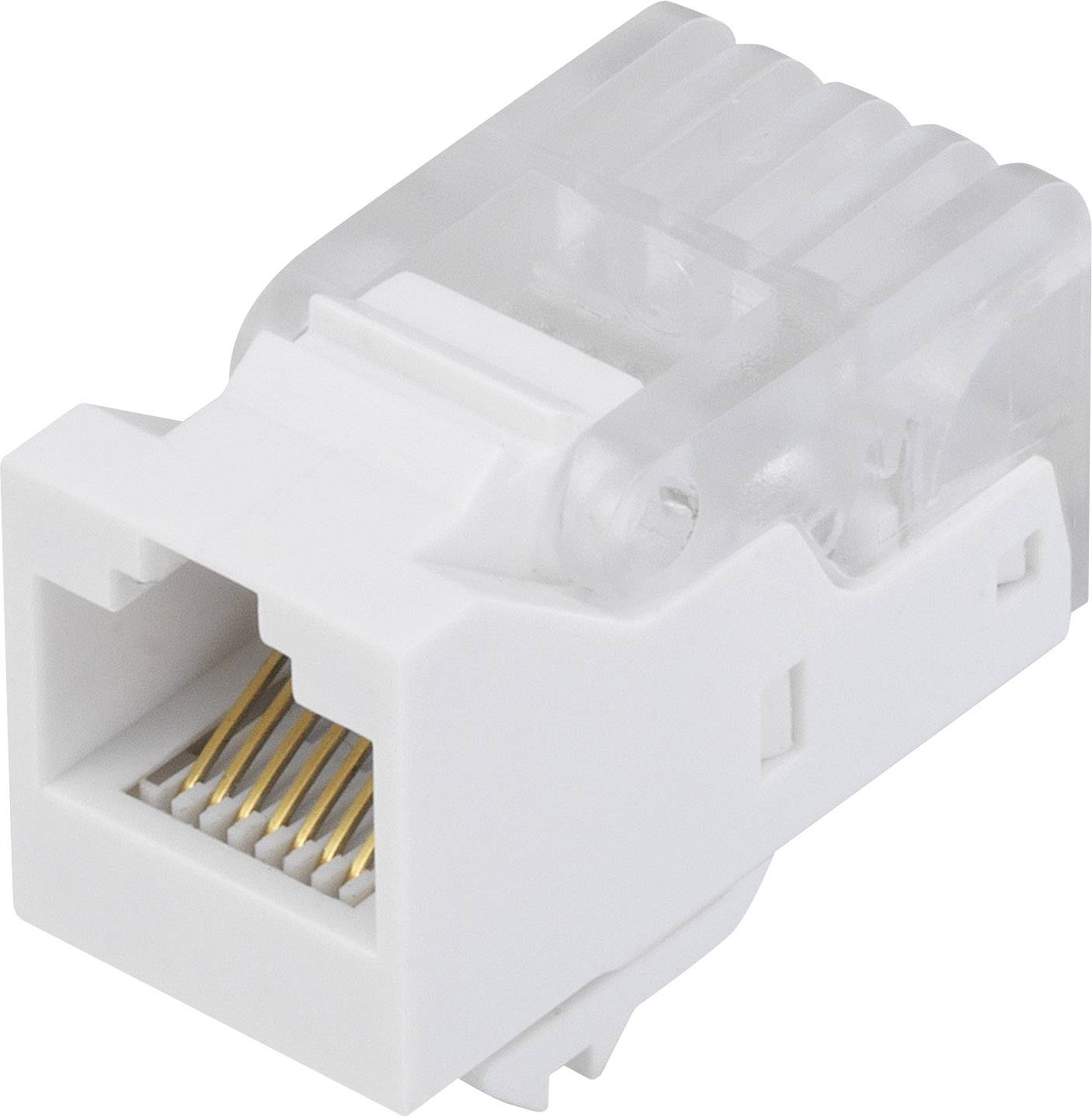 A white RJ45 network plug adapter with a transparent top, suitable for Ethernet connections.