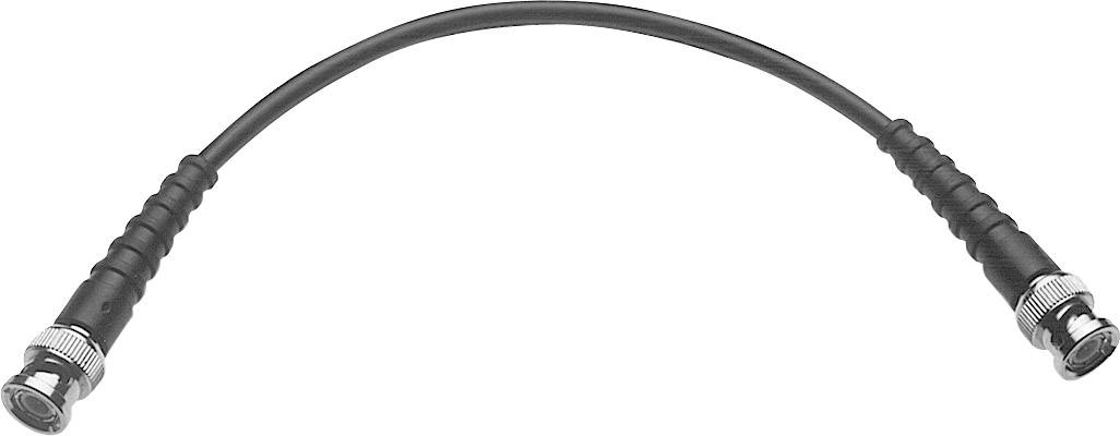 A black coaxial cable with two BNC connectors at the ends, shown bent. Suitable for video or network connections.