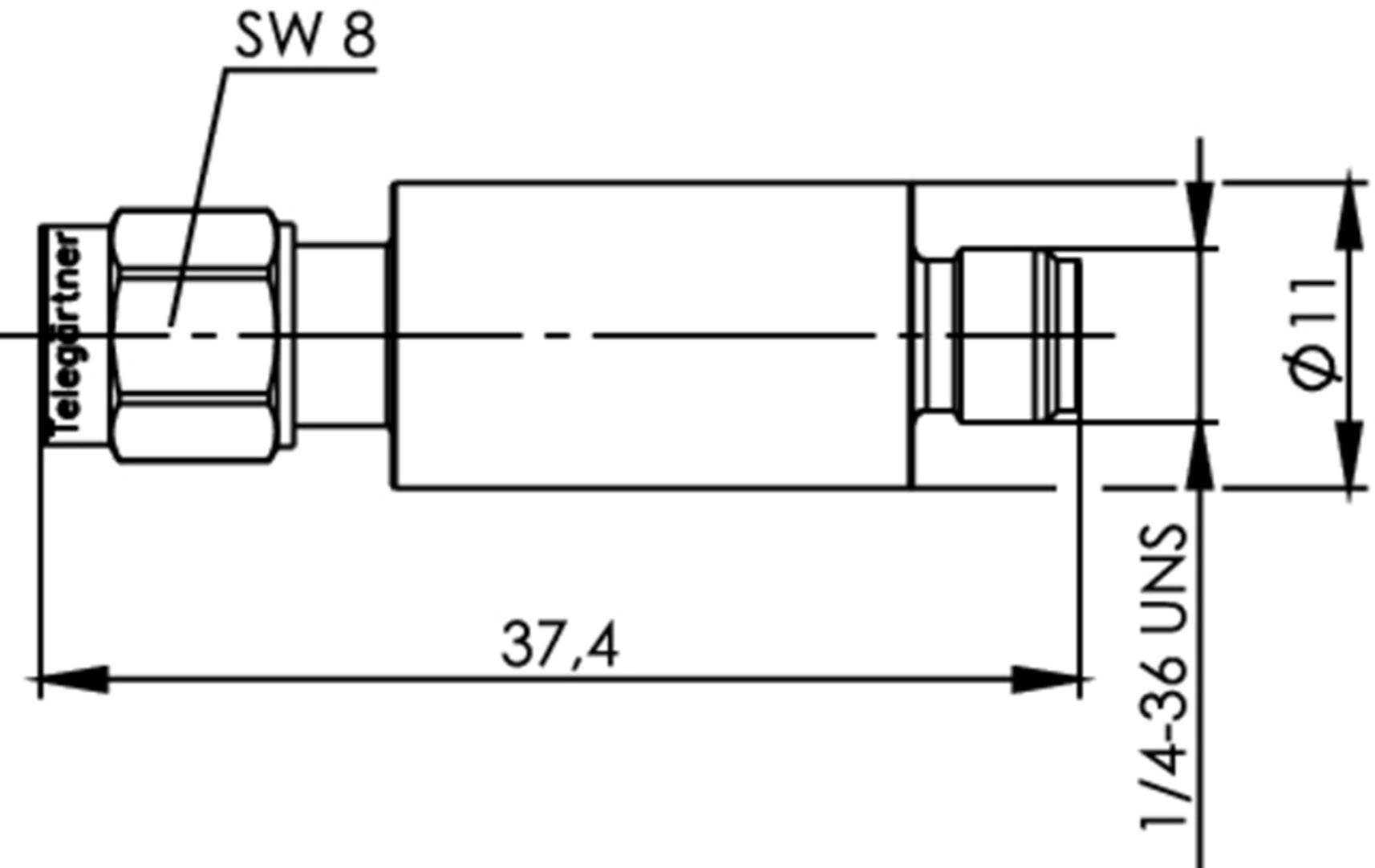 Technical drawing of a cylindrical adapter with threaded screw. Labelled '1/4-36 UNS'. Length is 37.4 mm.