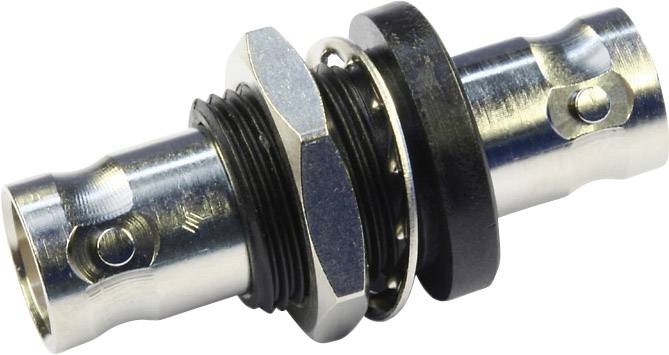 A metal connector consists of two short, cylindrical parts joined by a hexagonal nut and sealed with a rubber ring.