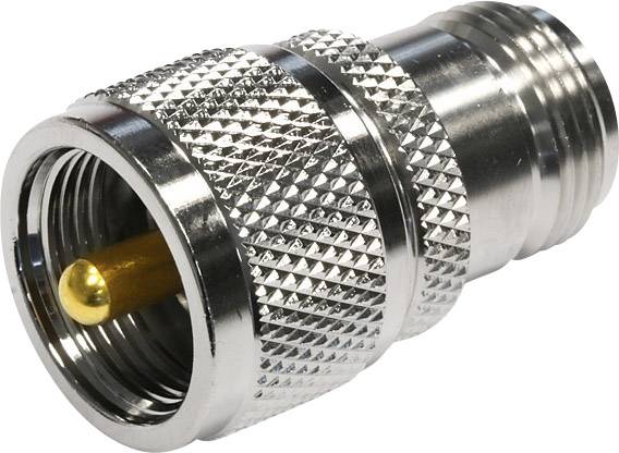 Metallic RF connector with a ribbed surface and gold-plated inner contact, suitable for antenna or cable connections.