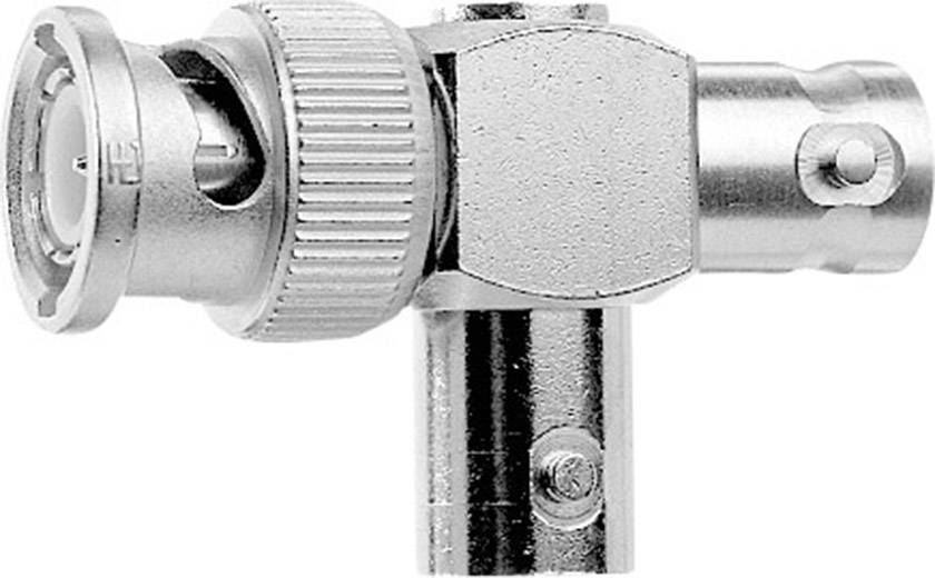 Metal adaptor with knurled screw lock, used for coaxial cable connections in video or television technology.