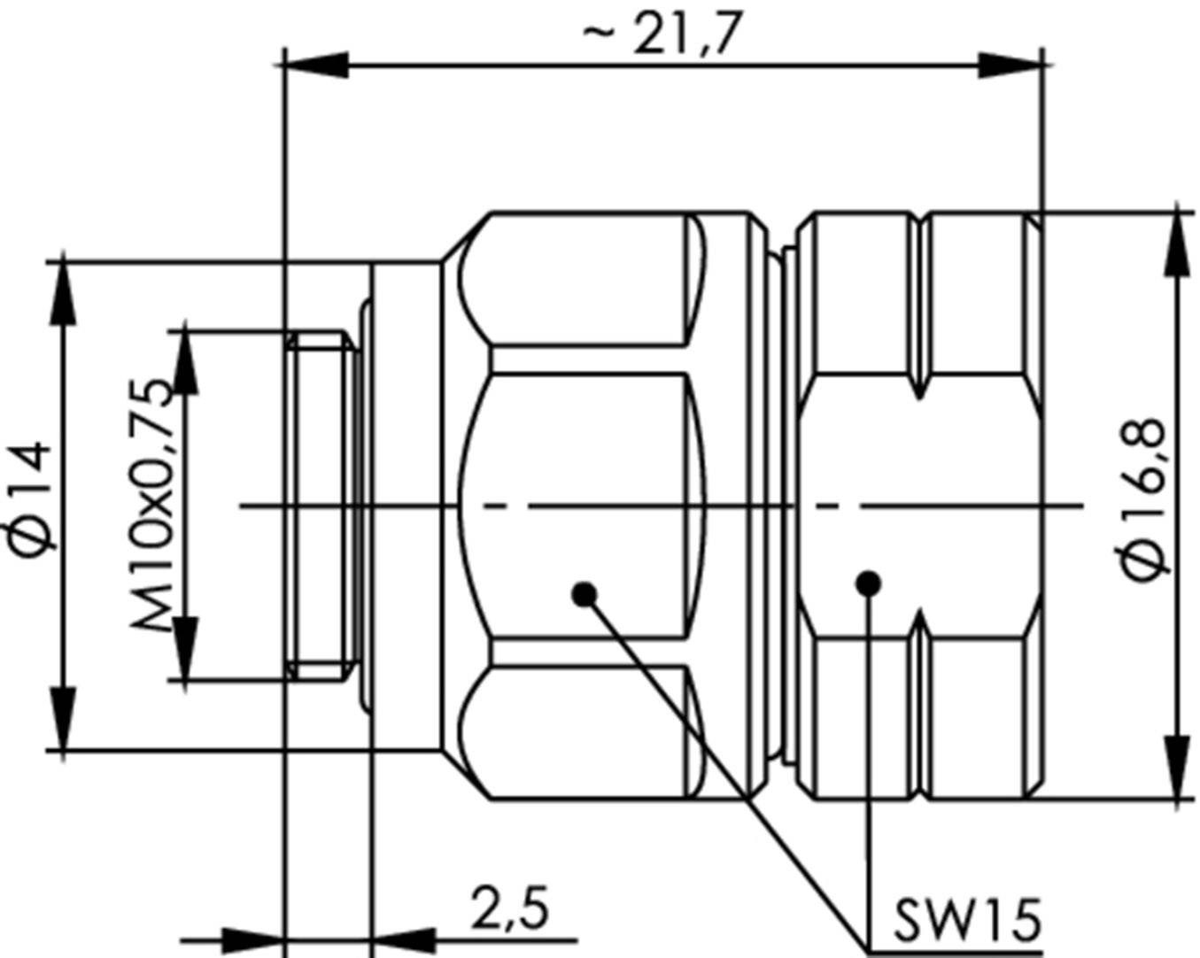 Technical drawing of a connector with dimensions: diameter 14 mm and 16.8 mm, length 21.7 mm, thread M10x0.75, spanner width 15 mm.