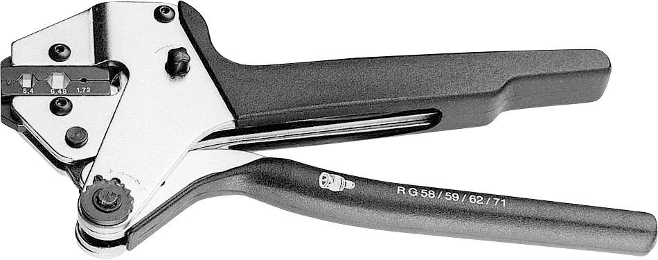 A metal and plastic crimping pliers with adjustment options for different cable sizes.