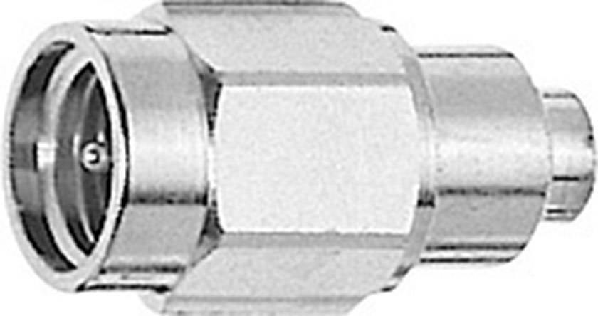 Metal connection, cylindrical, with hexagonal central section. Used for cable connections in electronic applications.