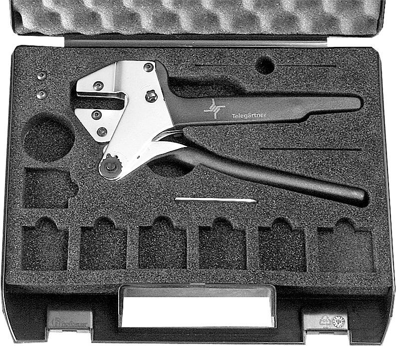 Tool case with crimping pliers and accessory parts, organised in a foam insert.