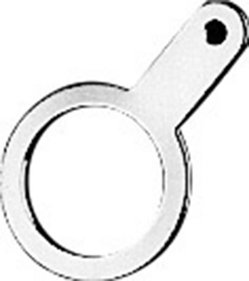 A silver keyring in the shape of a ring with an extended handle containing a hole.