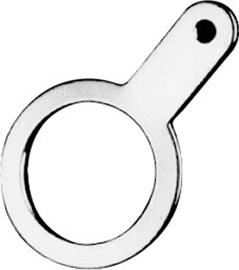 A simple metal tool in ring form with an extended handle that has a hole at the end.(Note: This appears to be a description of a ring spanner or ring wrench, which is common in British English technical terminology.)