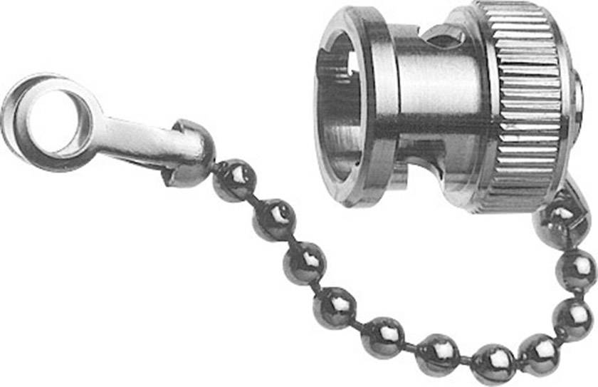 Metal cap with ball chain and attachment, likely used as a protective cover for a connection or valve.