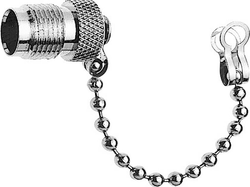 Metal cap with threaded connection and chain, used to protect connections in electronic devices.