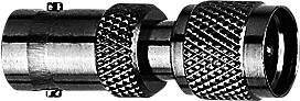 Metal adapter with knurled handle, used to connect two cables, typically found on audio or video device connections.