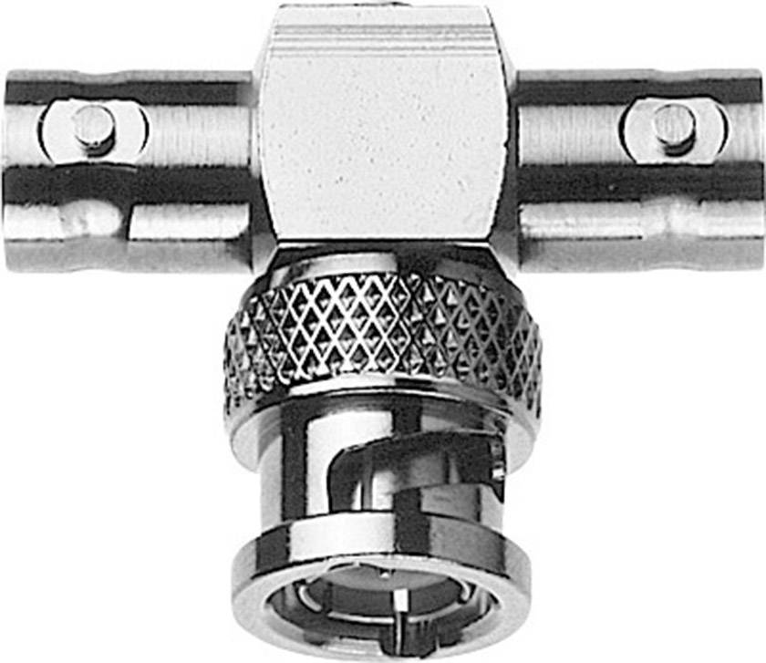 A metal T-piece serving as a coaxial cable adapter, with a BNC plug in the centre and two lateral connection points.