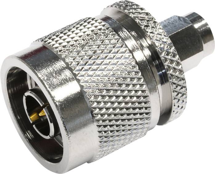 A silver coaxial plug adapter with a knurled grip and a golden centre conductor, suitable for cable connections.
