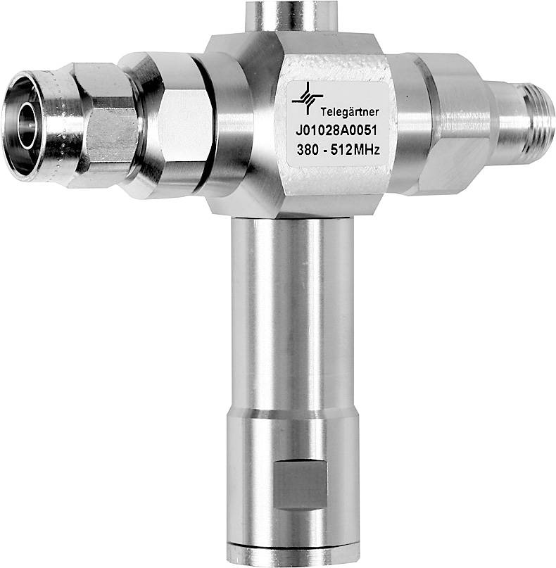 A coaxial high-frequency adapter labelled 'Telegärtner J01028A0051 380 - 512MHz', suitable for connections in the specified frequency range.