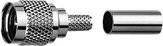 Coaxial plug with a ridged surface, next to a metal sleeve. Suitable for cable connections in electronic devices.