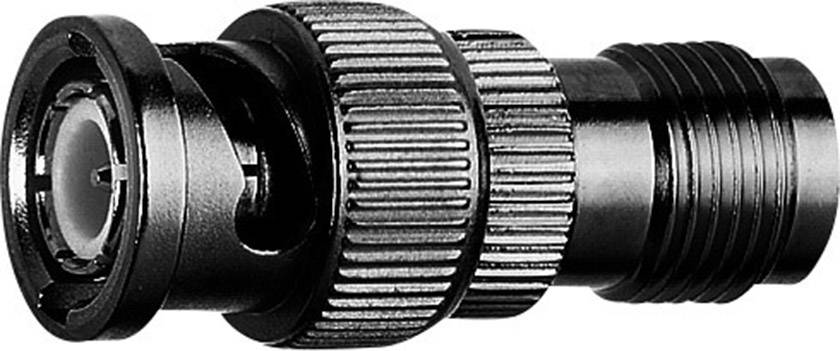 A black, ribbed electrical plug with a round head and metal threading, used for cable connections in technical applications.