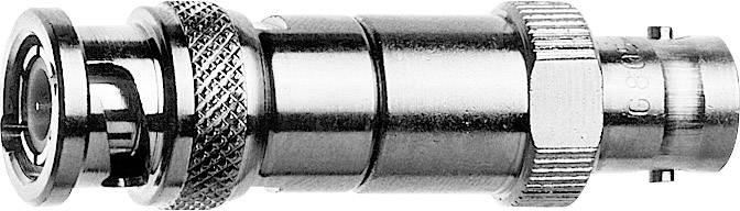 A silver-coloured BNC plug with knurled nut and bayonet lock, positioned sideways.