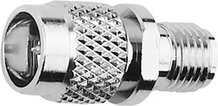 A metal connector with a knurled surface and two different ends for connecting cables or devices.