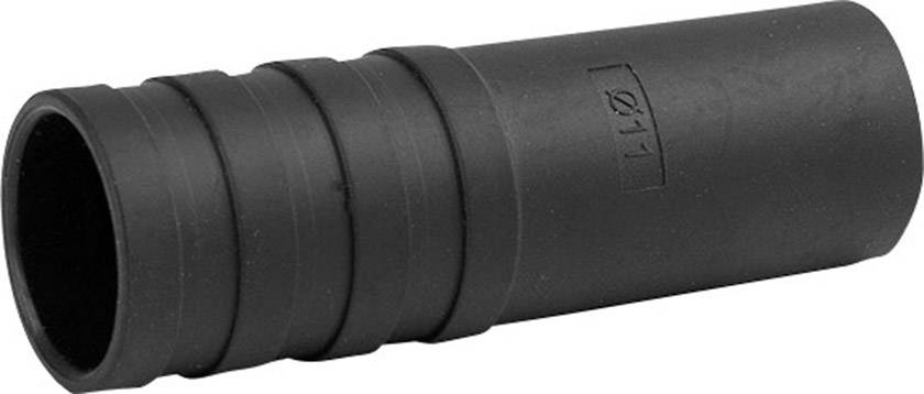 Black plastic hose connector, cylindrical with multiple grooves, coupling piece for hoses or pipes.