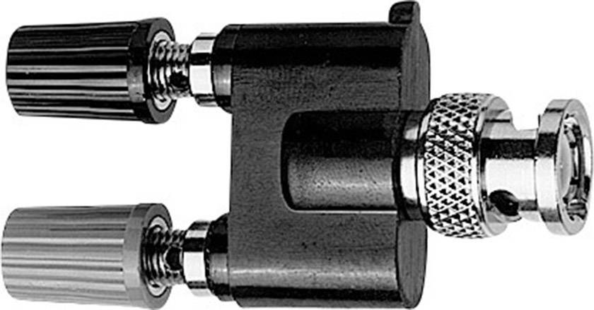A BNC adapter with two sockets and one plug, suitable for connecting coaxial cables in technical or electronic applications.
