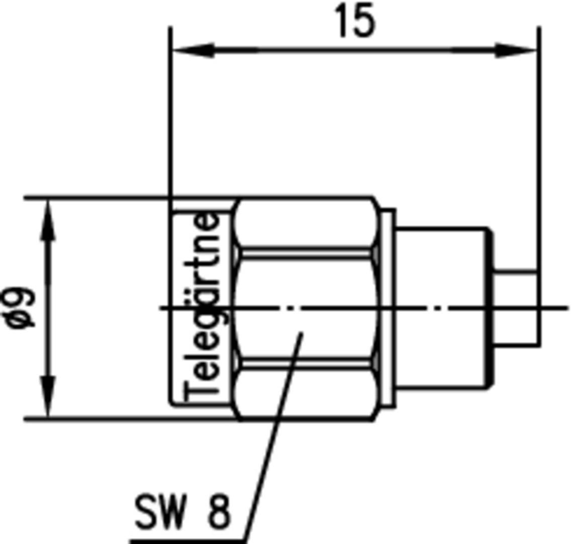Diagram of a metal sleeve with dimensions: Length 15 mm, Diameter 9 mm, Spanner Size 8. 'Telegärtner' inscription visible.