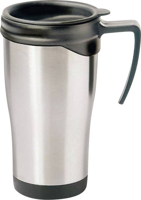 Silver thermal mug with a black lid and handle. Perfect for on-the-go use to keep drinks hot or cold.