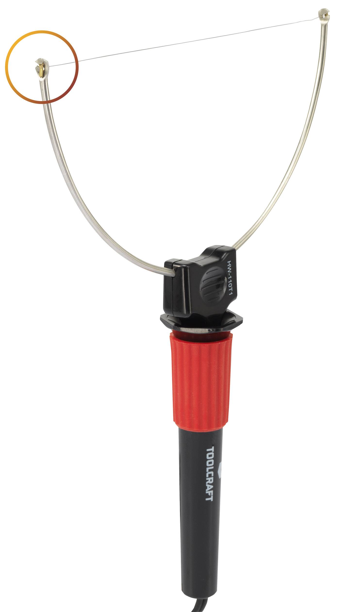 Electric cutting tool with a red handle and curved wire loop for precise material processing.