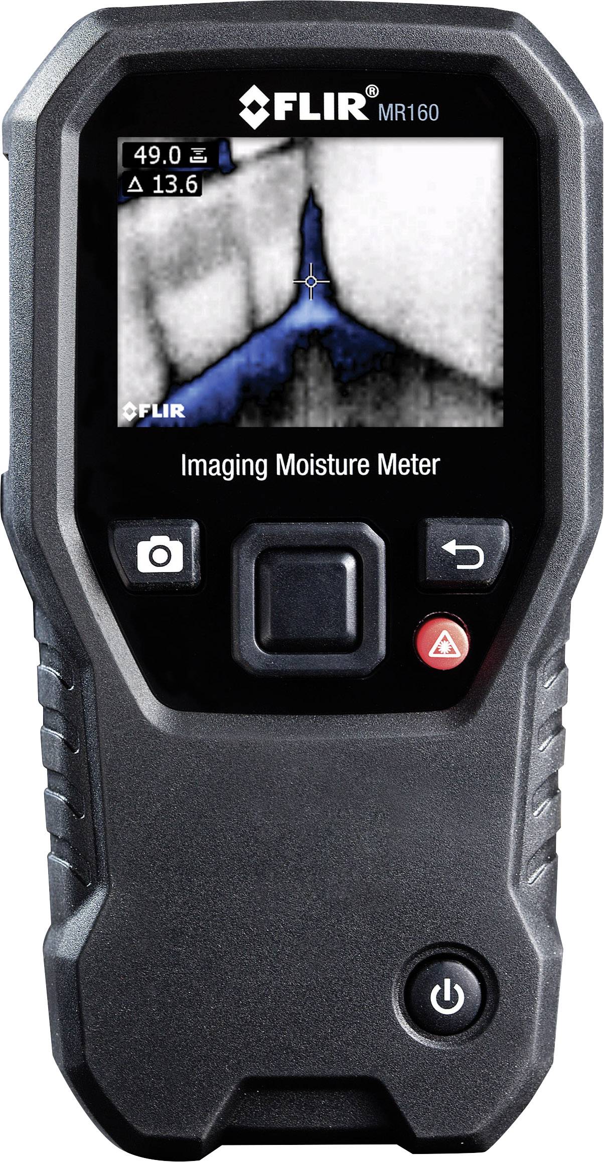 Portable moisture measuring device with display, showing thermal image of a water leak. Measurement units 49.0% and 13.6 displayed on the screen.