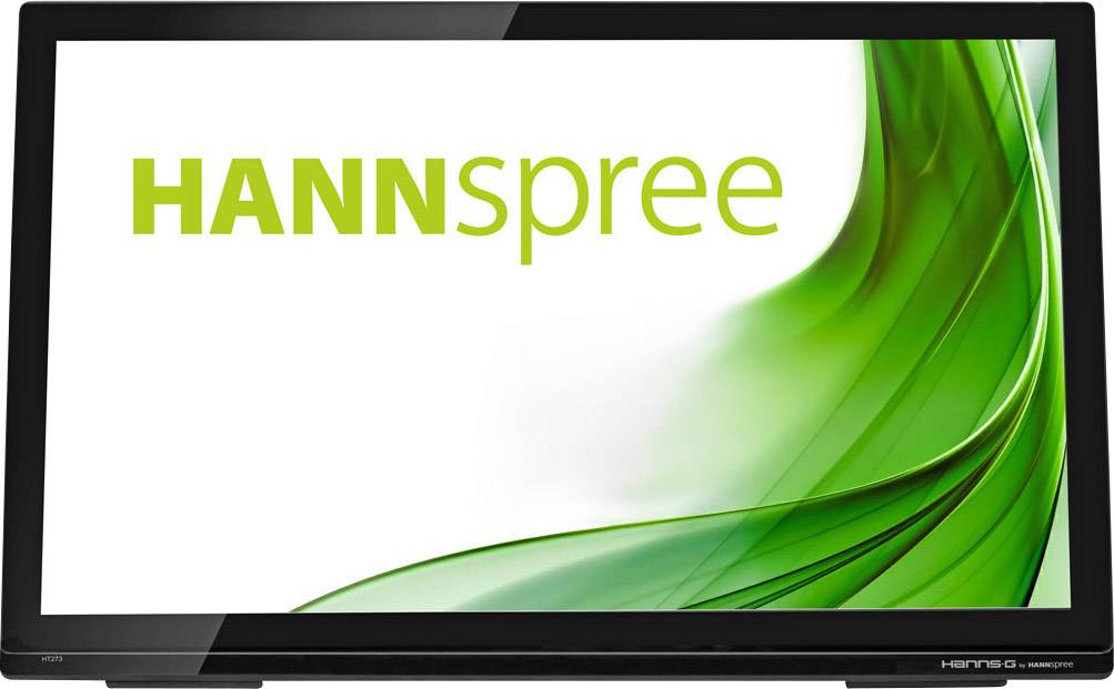 Monitor with the brand name HANNSPREE and a green design element on the screen.