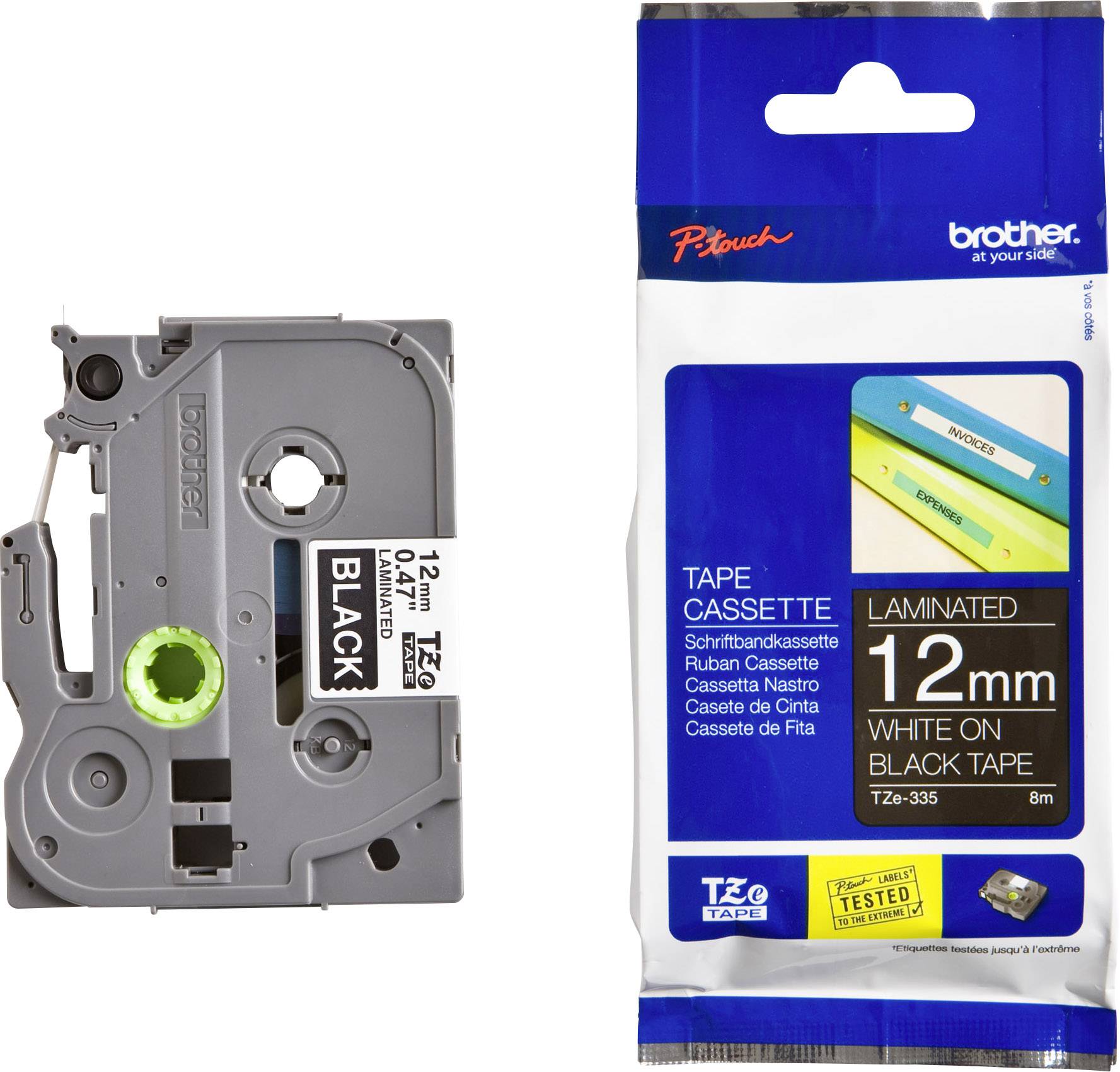 'Brother TZe-335 Printer Cartridge', black on white, 12 mm x 8 m. Packaging shows lettering and dimensions. Suitable for labelling devices.