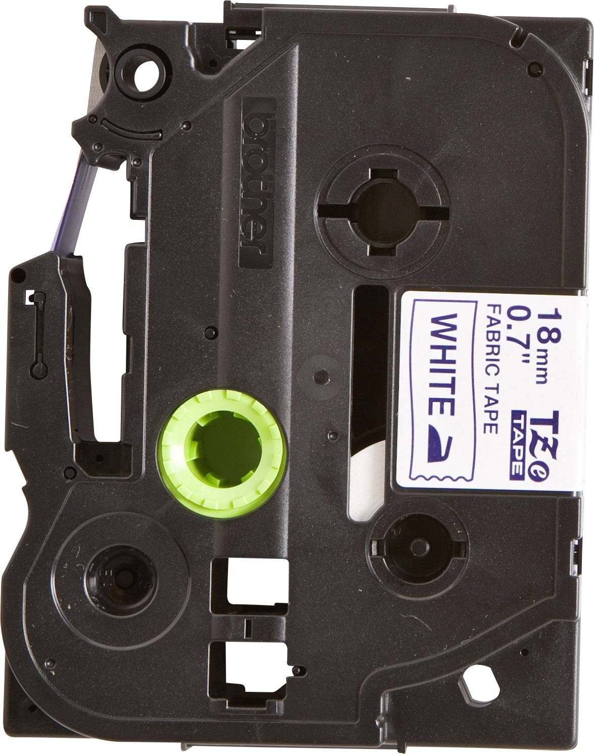 Black Brother label tape with green wheel, 18 mm, white, fabric tape.