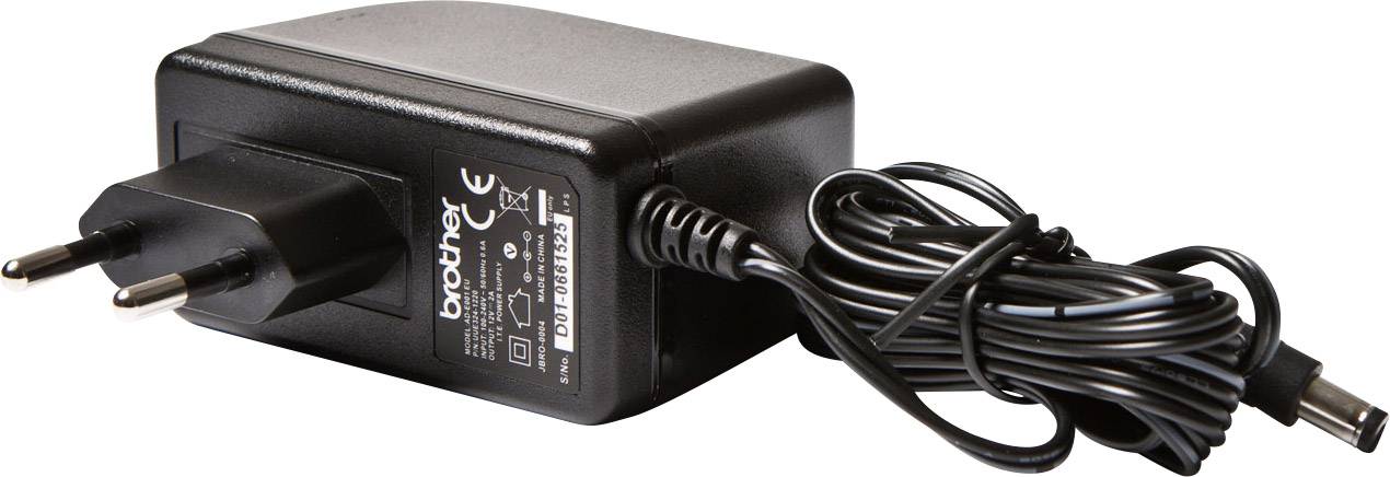 Black power adapter with European plug and coiled cable. Technical information is printed on the device's label.