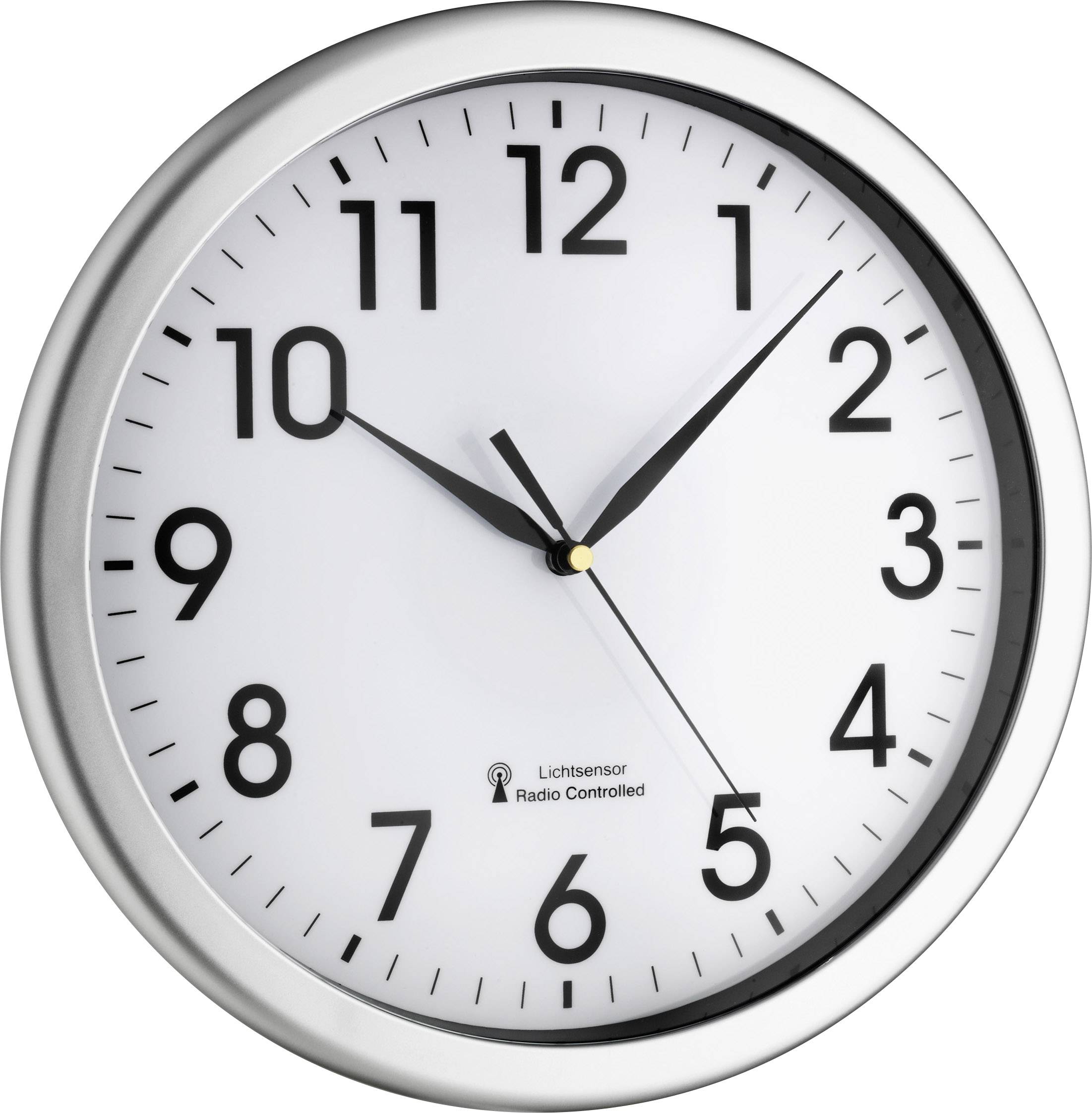 Analogue wall clock showing 10:10. Silver frame, white dial with black numerals and hands.