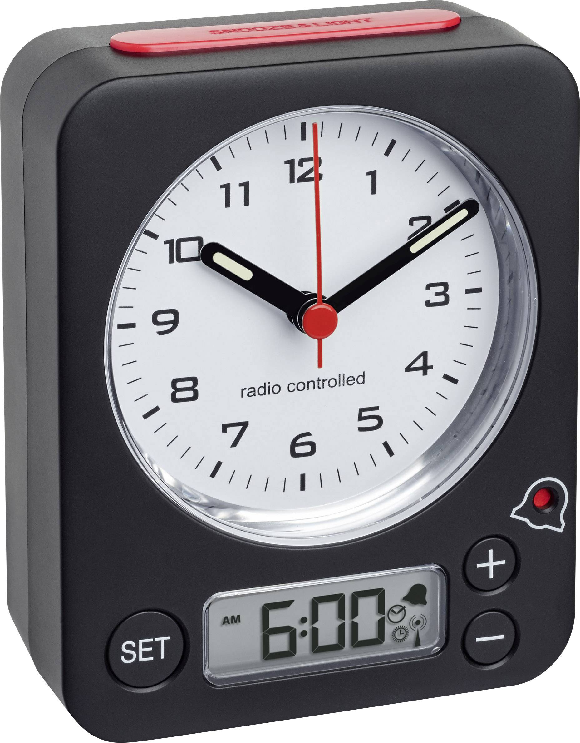 TFA Dostmann 60.1511.01 Radio Alarm clock Black Fluorescent Hands